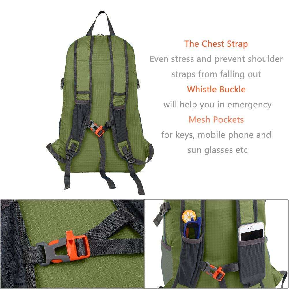 超軽量のパッカブル バックパック、25L 小型防水ハイキング デイパック 折りたたみ式トラベル バックパック