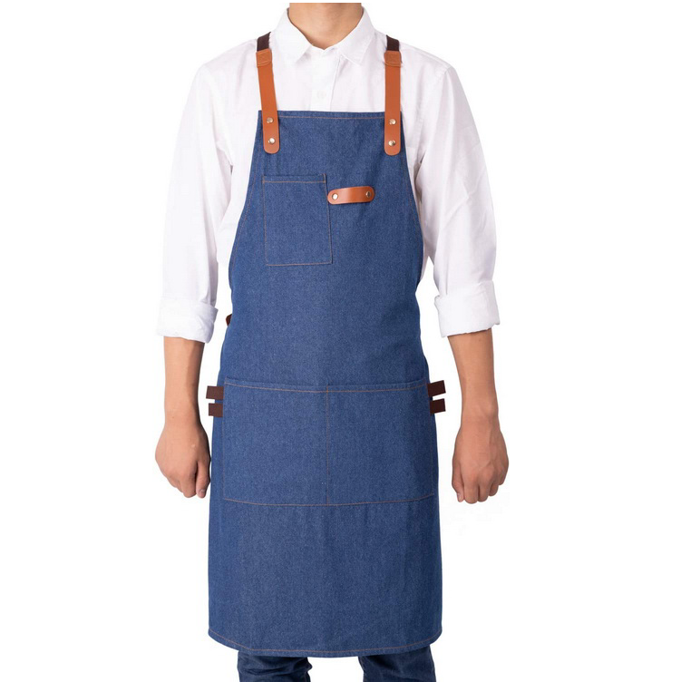 좋은 디자인 공장 가격 도매 코튼 데님 크로스백 스트랩이 있는 남성 여성 요리사를 위한 요리 앞치마