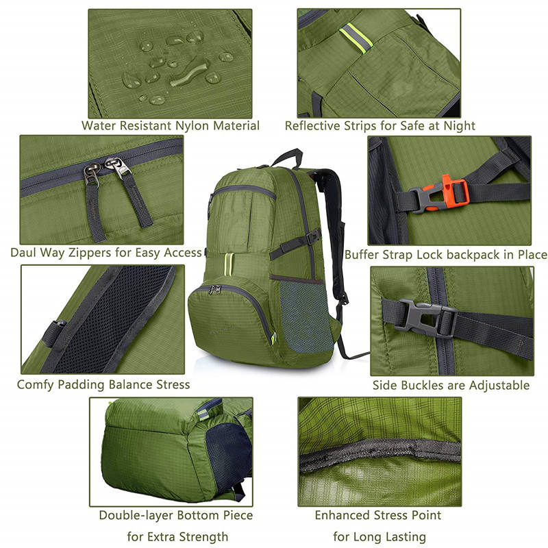 超軽量のパッカブル バックパック、25L 小型防水ハイキング デイパック 折りたたみ式トラベル バックパック