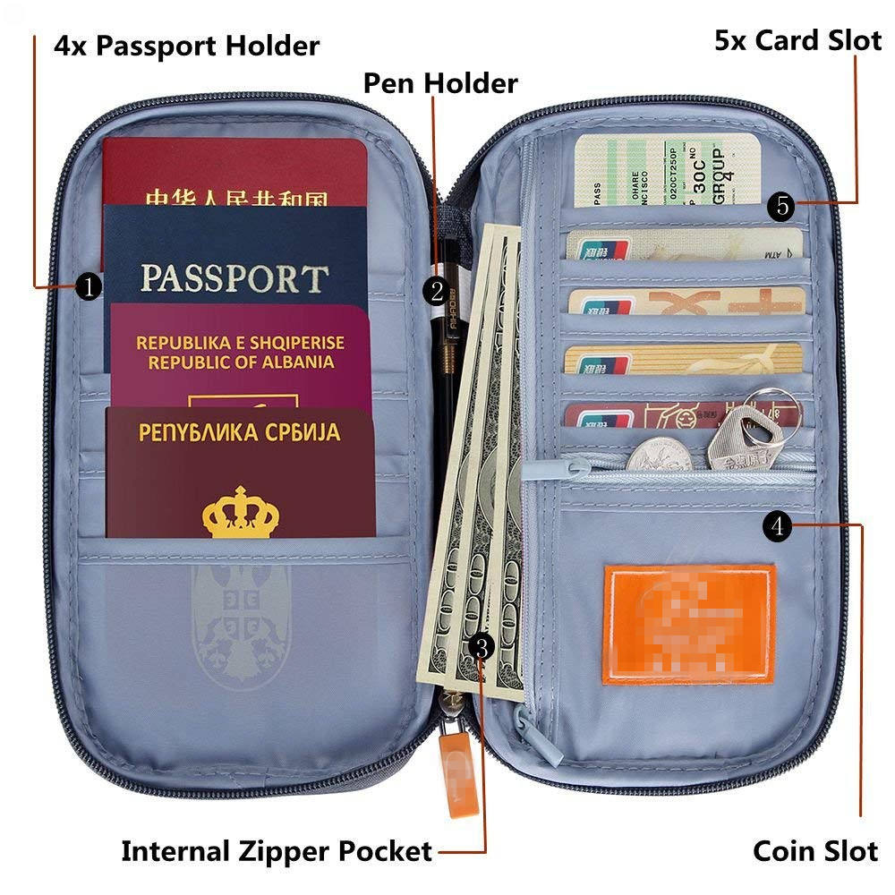 여행 여권 지갑, 방수 가족 여권 홀더 핸드 스트랩이있는 RFID 차단 문서 주최자 케이스