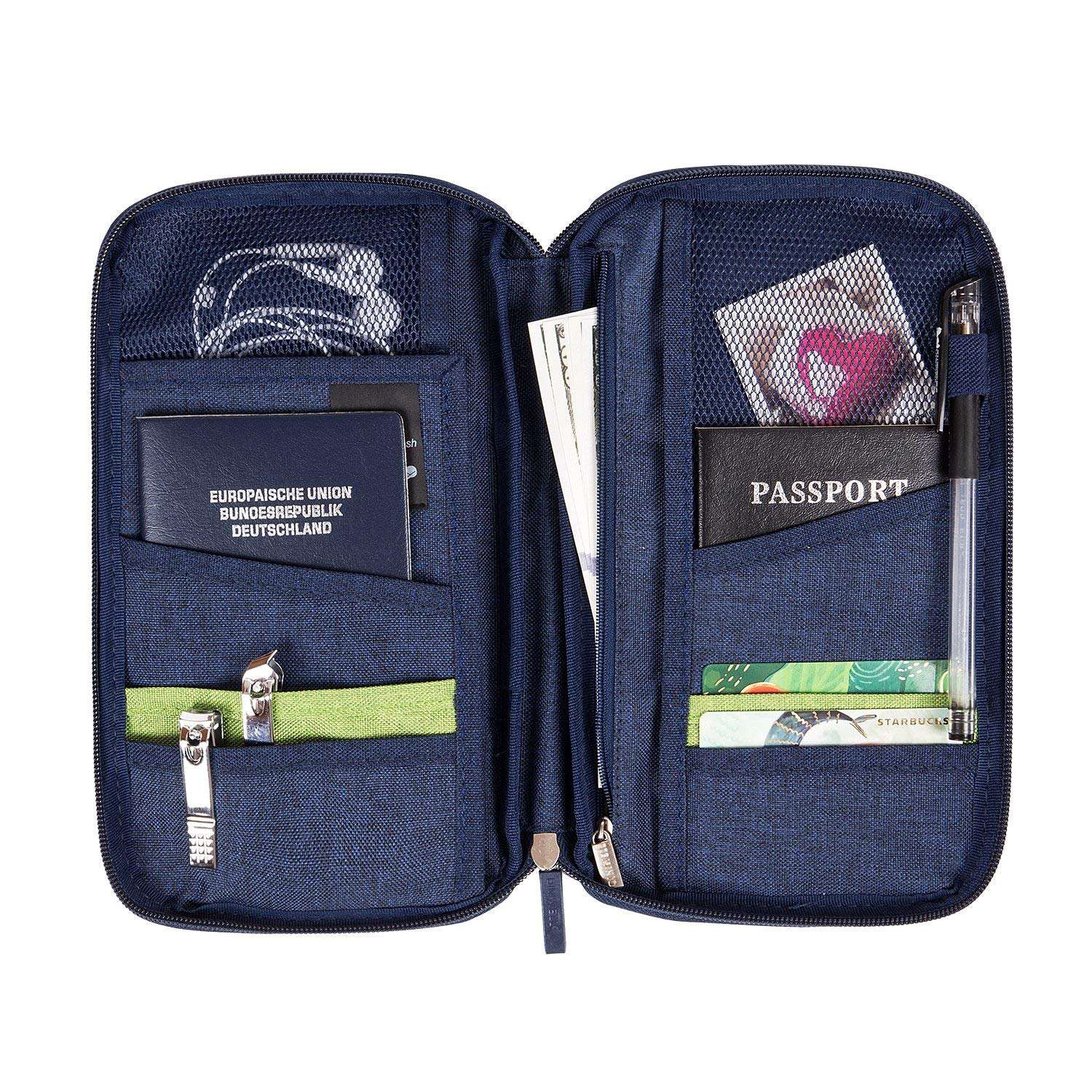 Couverture de porte-passeport de portefeuille de voyage, organisateur de documents RFID avec dragonne