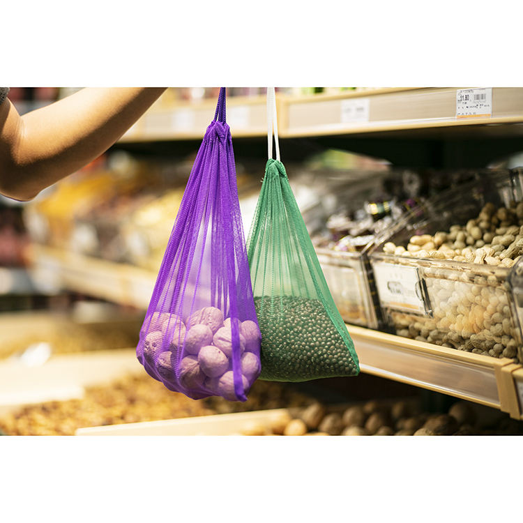RPET eco Wiederverwendbarer Verpackungsbeutel aus buntem Rpet-Mesh mit Kordelzug zur Aufbewahrung von Obst und Gemüse