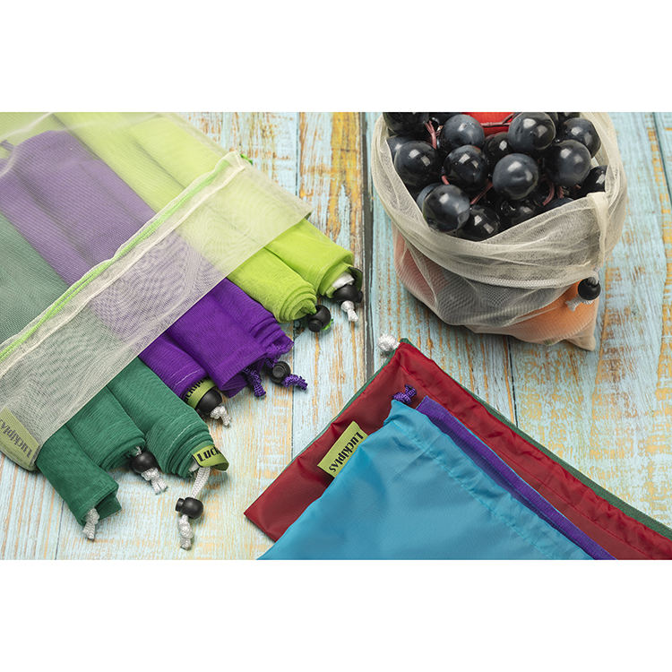 RPET eco Wiederverwendbarer Verpackungsbeutel aus buntem Rpet-Mesh mit Kordelzug zur Aufbewahrung von Obst und Gemüse