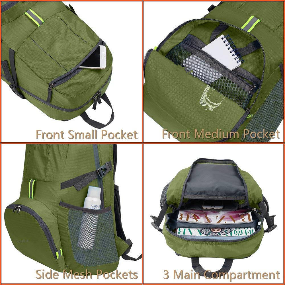 超軽量のパッカブル バックパック、25L 小型防水ハイキング デイパック 折りたたみ式トラベル バックパック