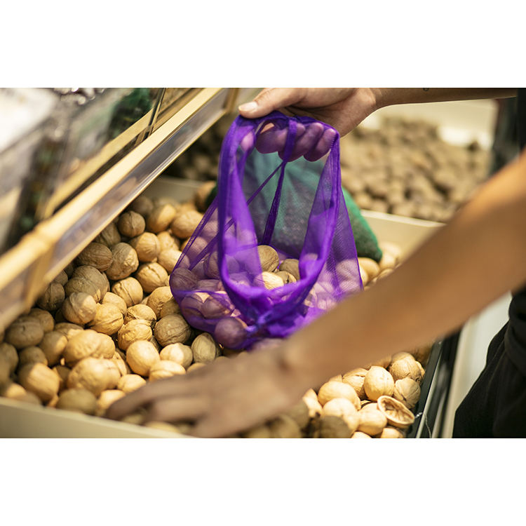 RPET eco Wiederverwendbarer Verpackungsbeutel aus buntem Rpet-Mesh mit Kordelzug zur Aufbewahrung von Obst und Gemüse