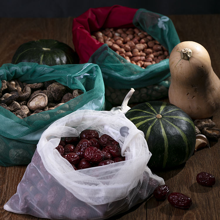 RPET eco Wiederverwendbarer Verpackungsbeutel aus buntem Rpet-Mesh mit Kordelzug zur Aufbewahrung von Obst und Gemüse