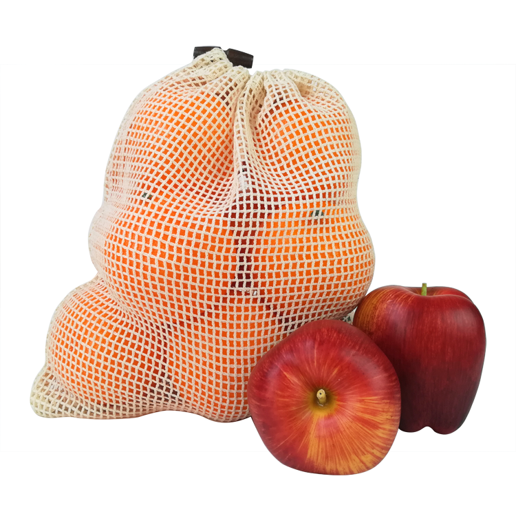 Einkaufstasche aus 100 % wiederverwendbarem Baumwollnetz mit Kordelzug