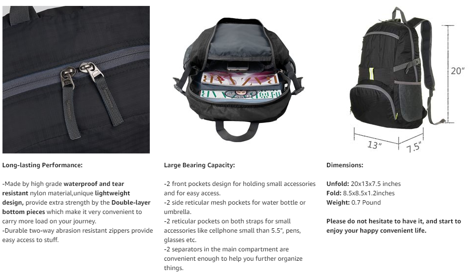 超軽量のパッカブル バックパック、25L 小型防水ハイキング デイパック 折りたたみ式トラベル バックパック