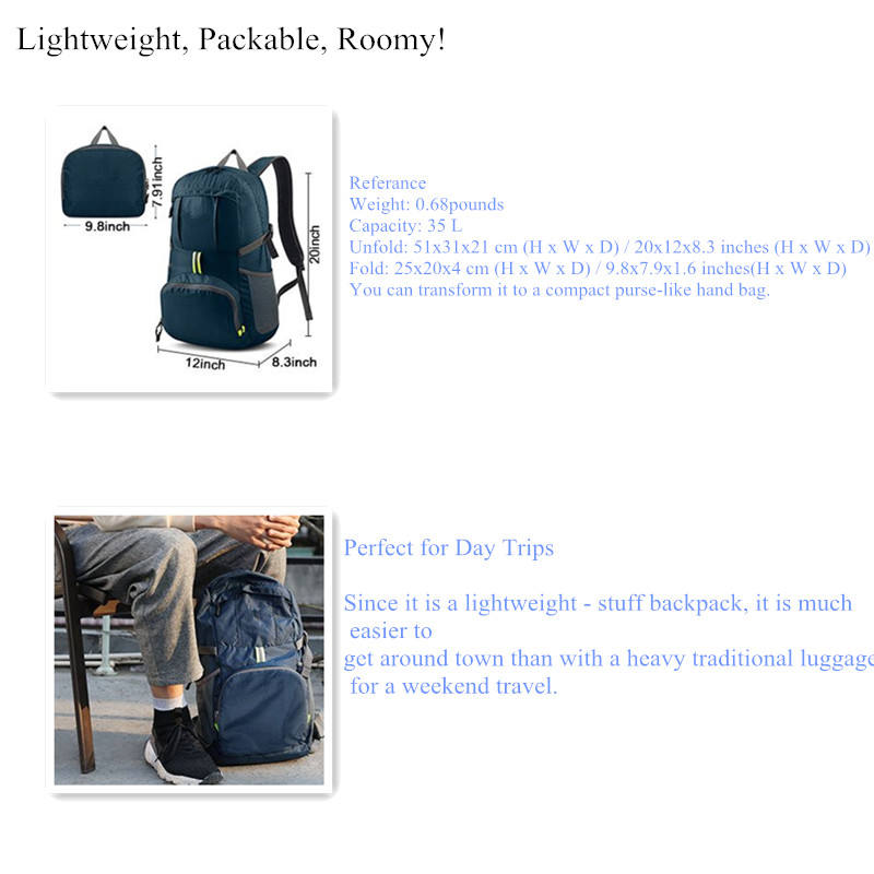 Wellpromotion 35L 경량 패커블 백팩 핸디 접이식 숄더백 데이팩
