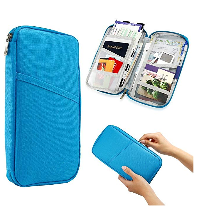 Couverture de porte-passeport de portefeuille de voyage, organisateur de documents RFID avec dragonne