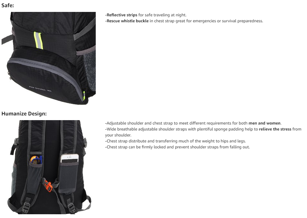 超軽量のパッカブル バックパック、25L 小型防水ハイキング デイパック 折りたたみ式トラベル バックパック