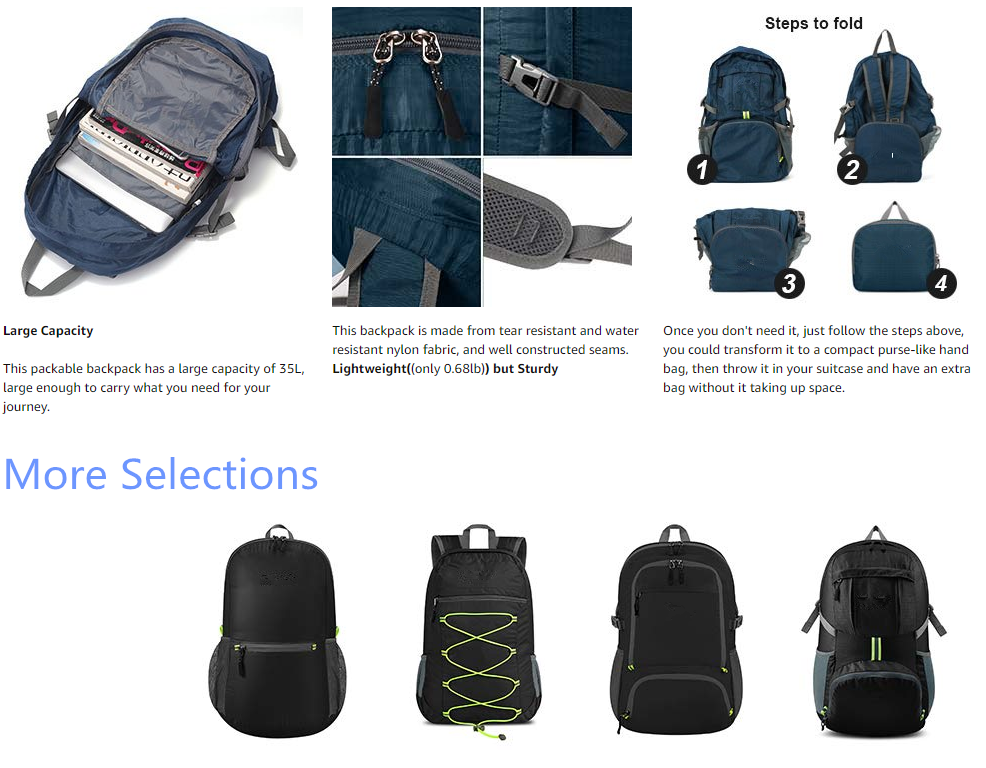 Wellpromotion 35L 경량 패커블 백팩 핸디 접이식 숄더백 데이팩