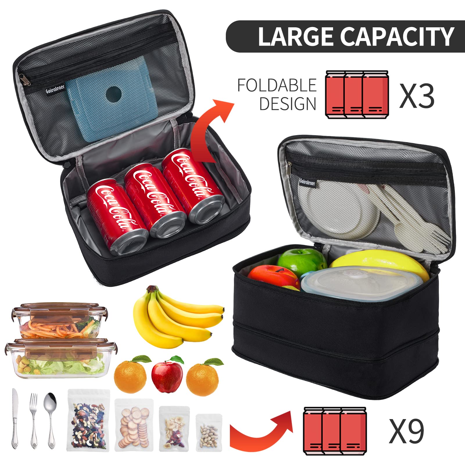 Black Lunch Box Bag For Men Women Expandable Adult Canvas Small Lunch Bag Handheld Insulated Lunch Bag