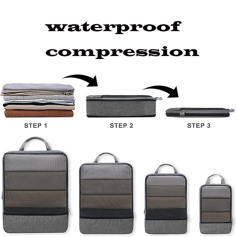 Gray waterproof compression travel luggage mesh bag clothes cube storage organizer set packing cubes