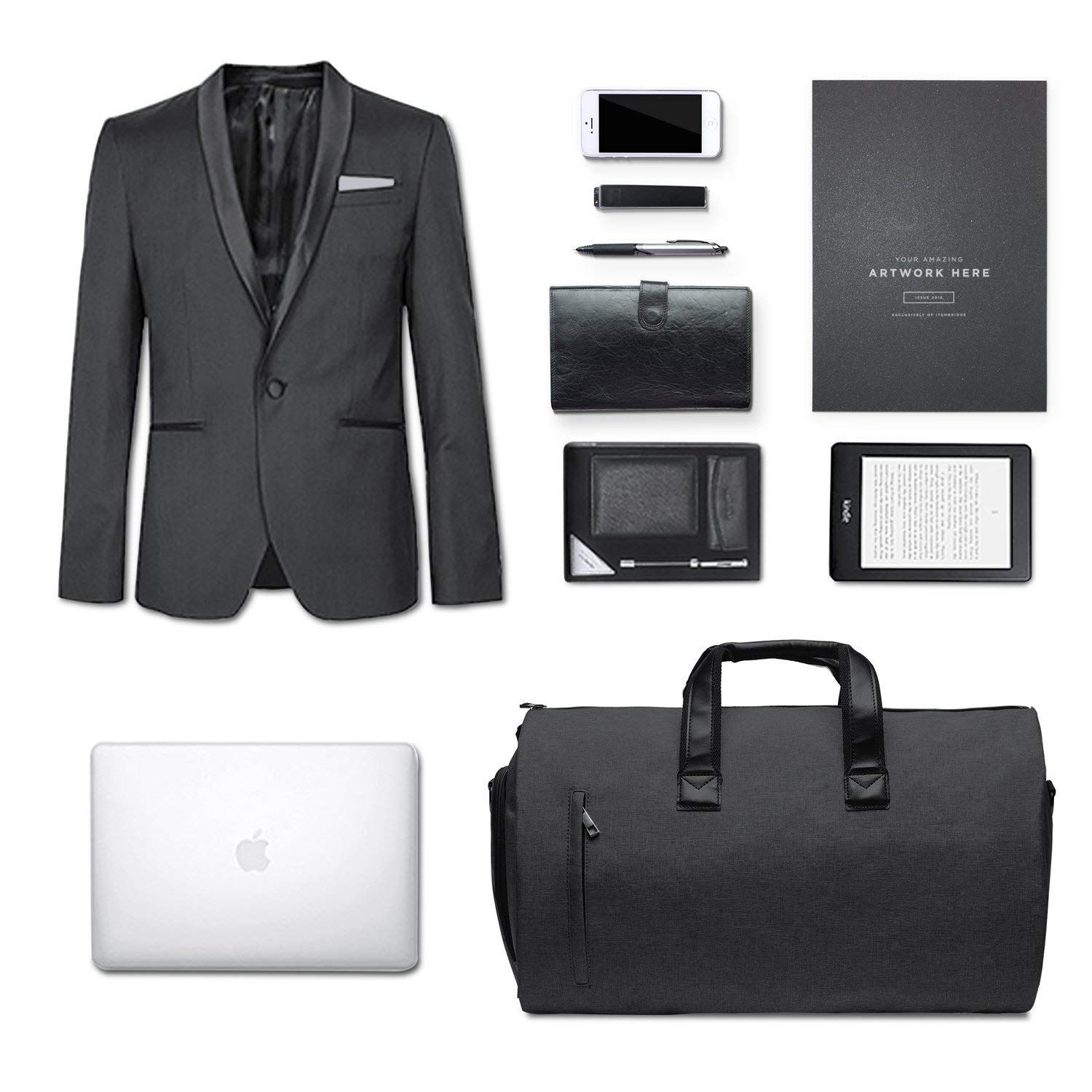 남성용 여행용 수트 더플 의류 가방, 슈즈 컴파트먼트가 있는 위켄더 백 블랙