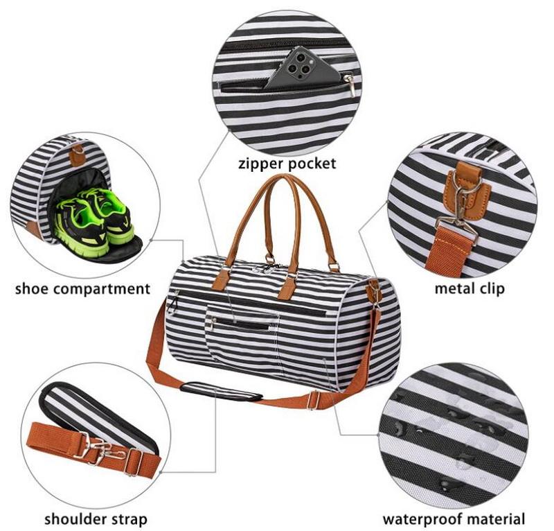 Luxury striped sport duffle travel weekender bags leather gym duffel bag with shoe compartment for women and men