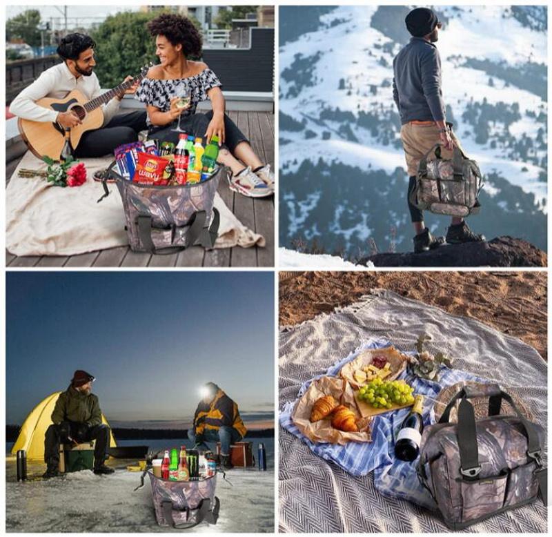 Customize travel camping fish food insulation bags picnic camo drinks can insulated soft cooler bag with tote strap