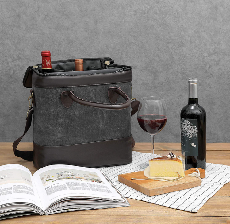 Luxury waxed canvas cooler bag with dividers portable waterproof good quality wine bottle cooler bag for women