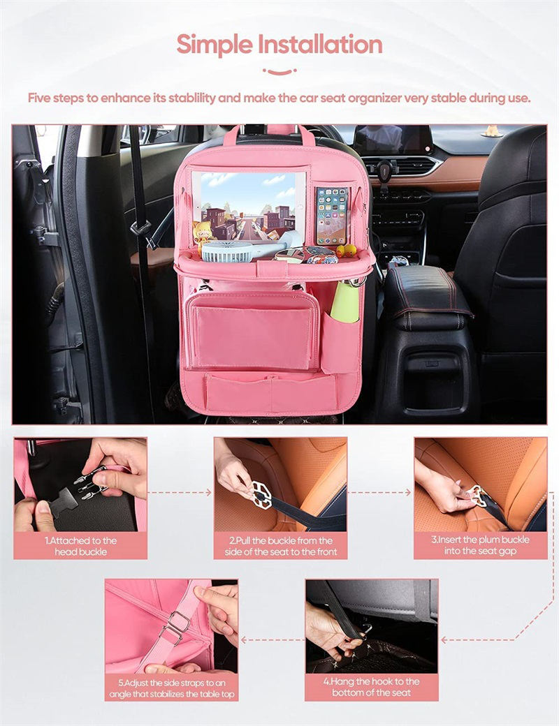 Car Back Seat Organizer with Trash Can PU Leather Car Storage Organizer with Foldable Table Tray Touch Screen Tablet Holder