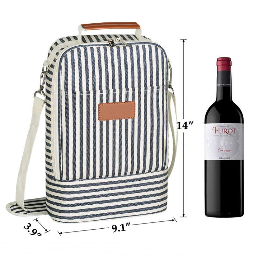custom logo waterproof travel picnic striped 2 bottle thermal wine carrier bags beach insulated portable wine cooler bag