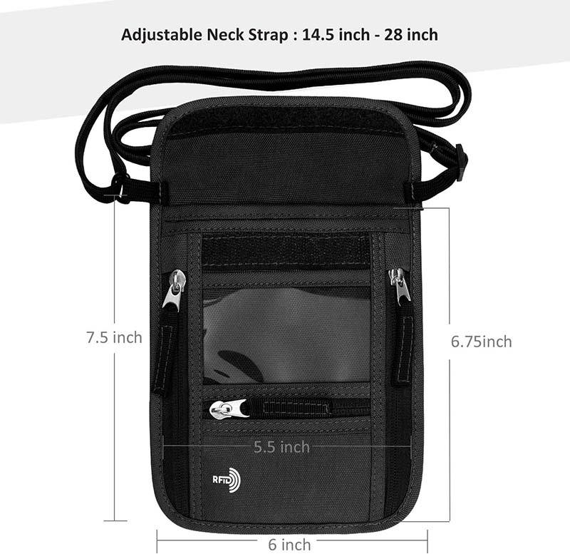 hidden security rfid blocking nylon organizer bag travel document neck wallet for cell phone, credit cards