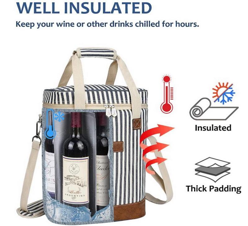Striped waterproof padded wine insulated carrier bag tote portable custom picnic beach summer wine cooler bag for 6 bottle