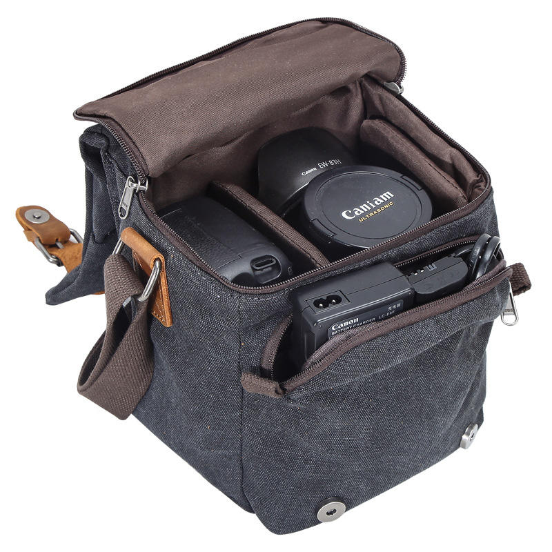 wholesale water resistant canvas leather small camera messenger bags for women men vintage padded camera shoulder bag