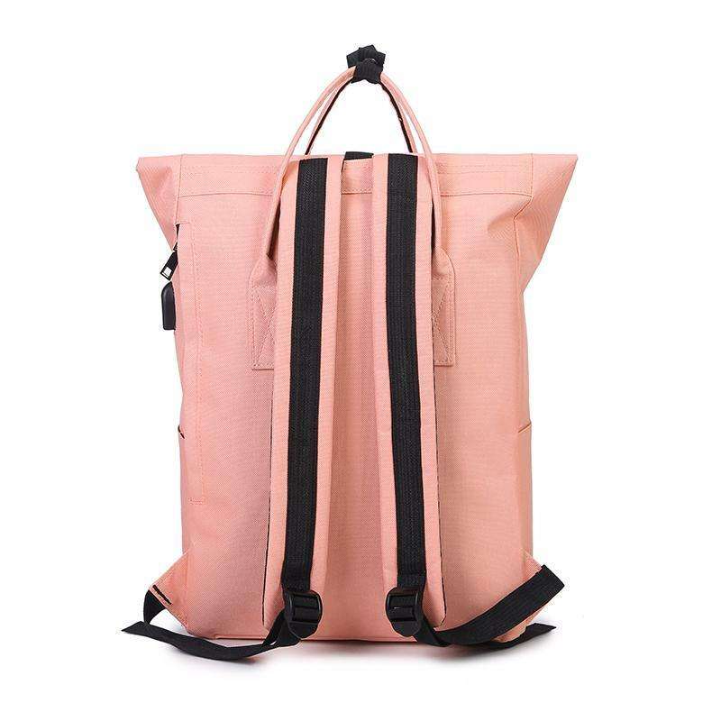 USB 충전으로 핑크 재활용 rpet 롤탑 배낭 패션 롤업 여행 배낭 데이팩