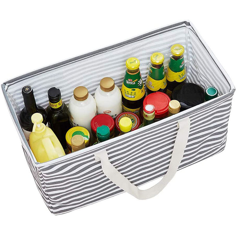 Water Resistant Grey Stripe Canvas Eco Foldable Grocery Shopping Carry Bag Laundry Storage Collapsible Utility Tote Bag