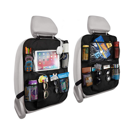 Car Front Back Seat Organizer Mesh Pockets Seat Back Protectors Kick Mats Car Pocket Boot Organizer with Touch Screen