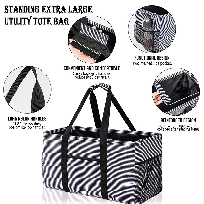 Foldable grocery shopping storage organizer bags reusable extra large utility tote bag with metal wire frame