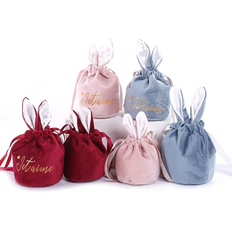 Wholesale Easter Drawstring Gift Wedding Velvet Candy Gift Bags Pouches Rabbit Ear Velvet Candy Bags