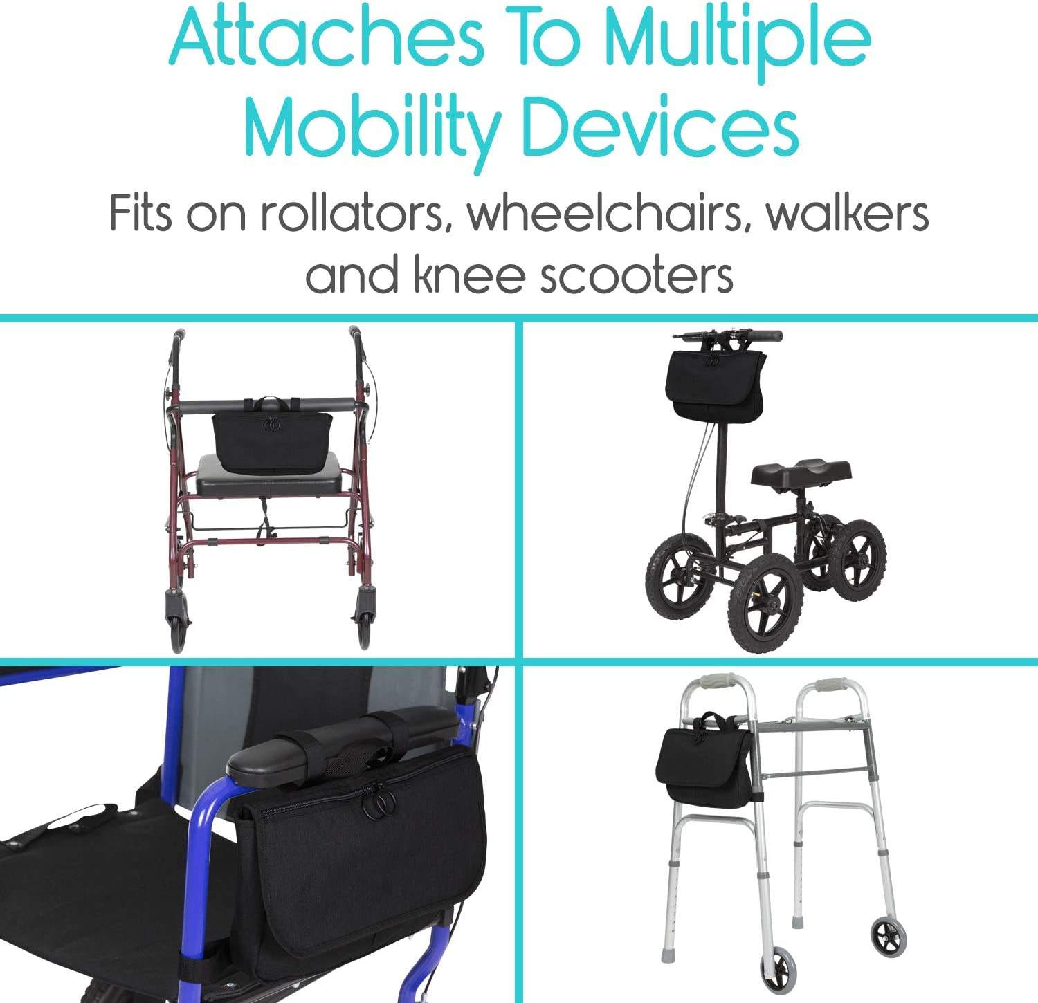 Wheelchair Carry Bag Arm Rest Pouch For Rollator Walkers Power Wheel Chairs And Knee Scooters Side Storage Organizer