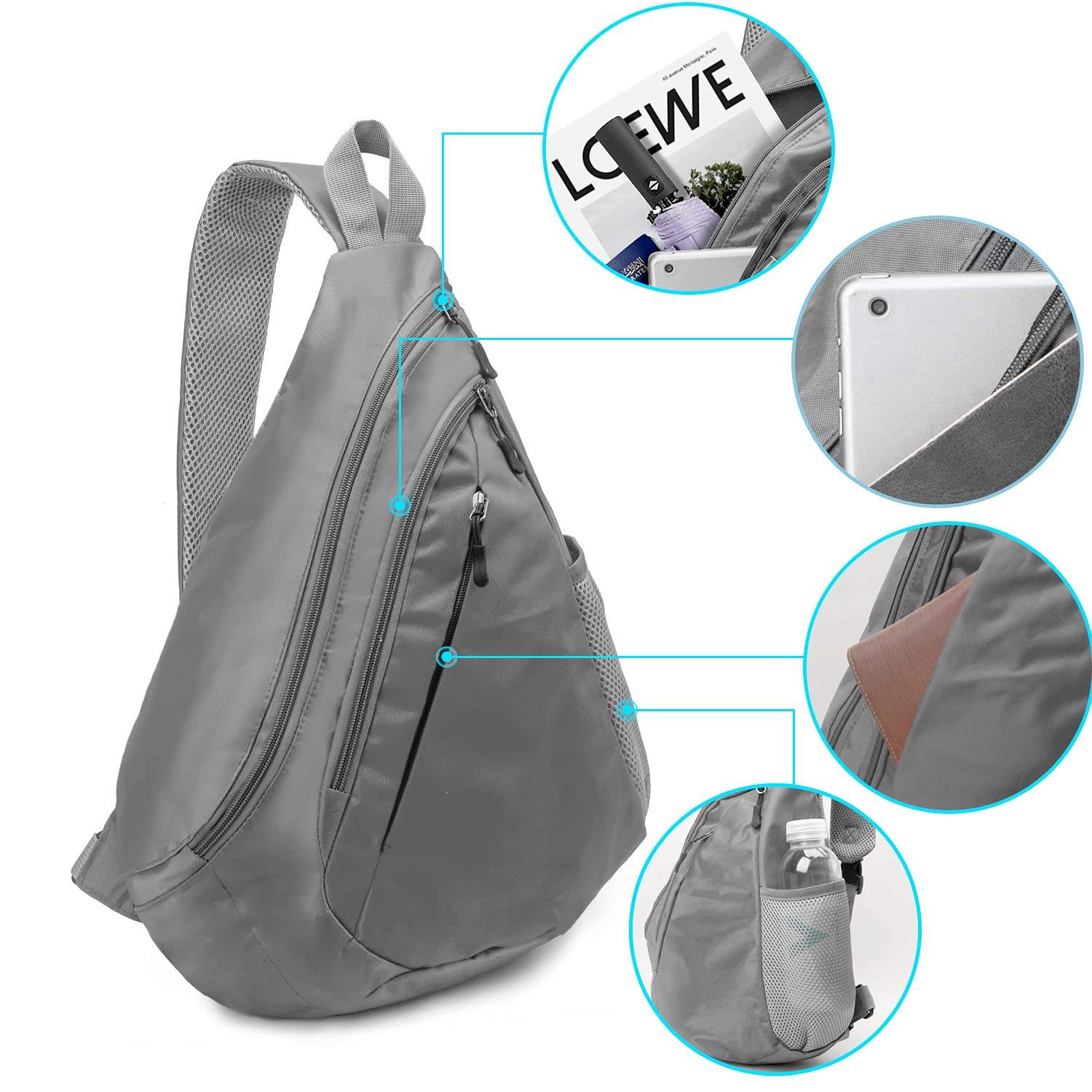 Waterproof Custom Sling Bag Lightweight Shoulder Bag Travel Hike Backpack for Women Men kid grey