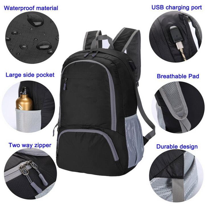 Waterproof Lightweight Foldable Packable USB Backpack for Travel Hiking