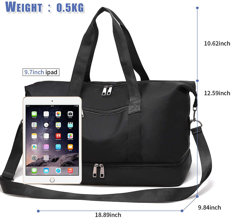 Womans double deck black gym swimming workout carrying duffle bag tote bag shoe compartment travel gym duffel bag