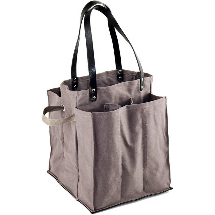 Large 7 Pockets Multi Purpose Grocery Canvas Shopping Tote Bag with Leather Handles