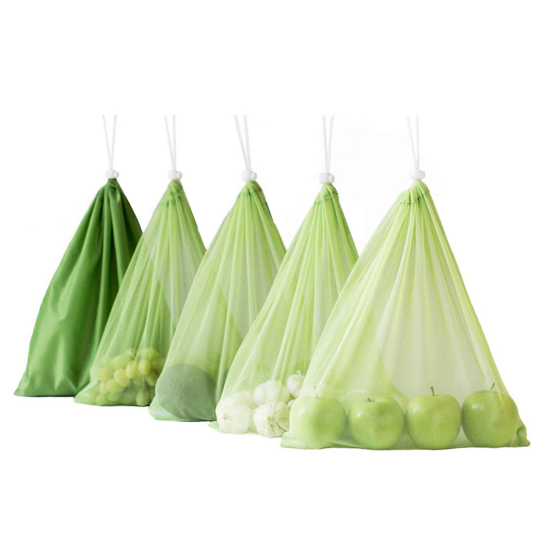Hot Sale High Quality Green Nylon Mesh Fruit Bags Shopping Vegetable RPET Reusable Produce Single Drawstring Mesh Bag