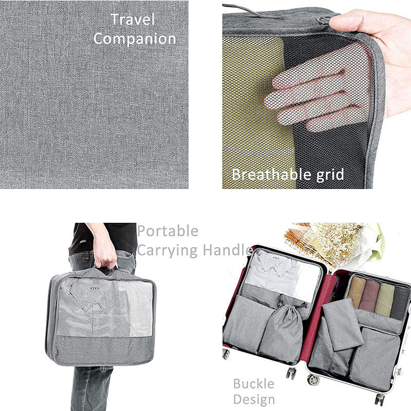 Gray waterproof 7 piece set lightweight suitcase luggage storage organizer compression packing cubes for travel