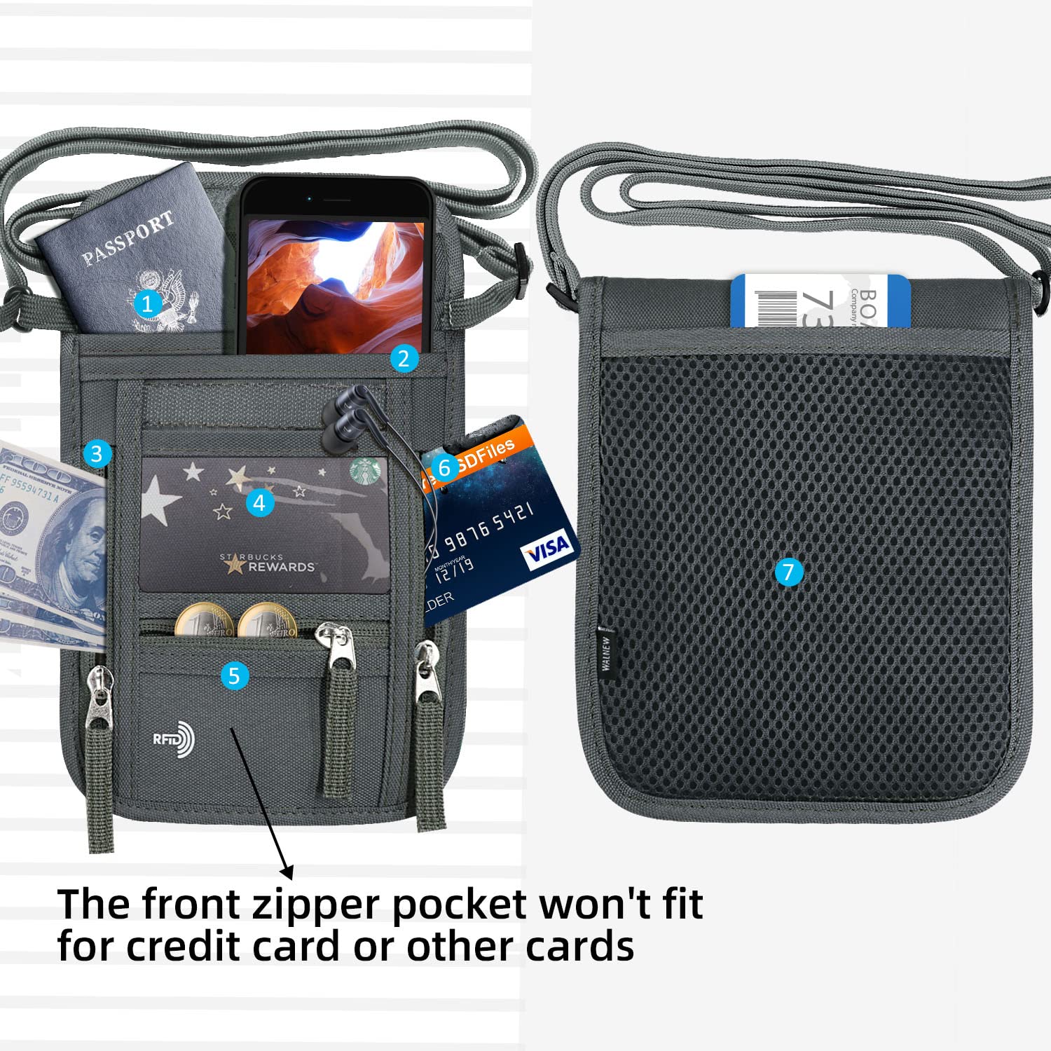 Passport Holder Neck Pouch Travel Neck Wallet with RFID Blocking 7