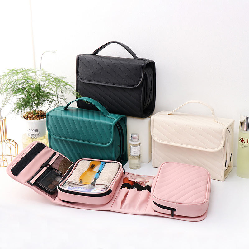 Premium foldable wholesale waterproof durable high quality customizable designer travel pu makeup cosmetic tote bag
