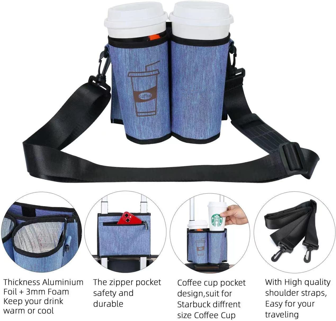 Thermal Luggage Travel Cup Holder Bag With Shoulder Strap Insulated Travel Drink Caddy Free Your Hand Oem Acceptable Factory