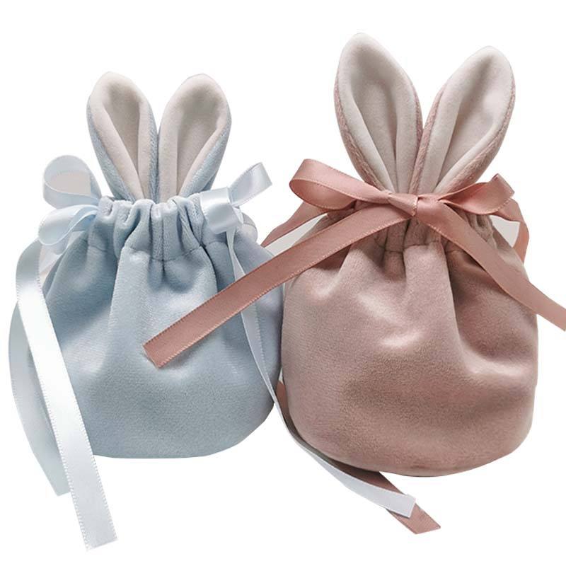 Cute Candy Color Velvet Christmas Halloween Candy Bag Rabbit Ear Easter Drawstring Gift Bags