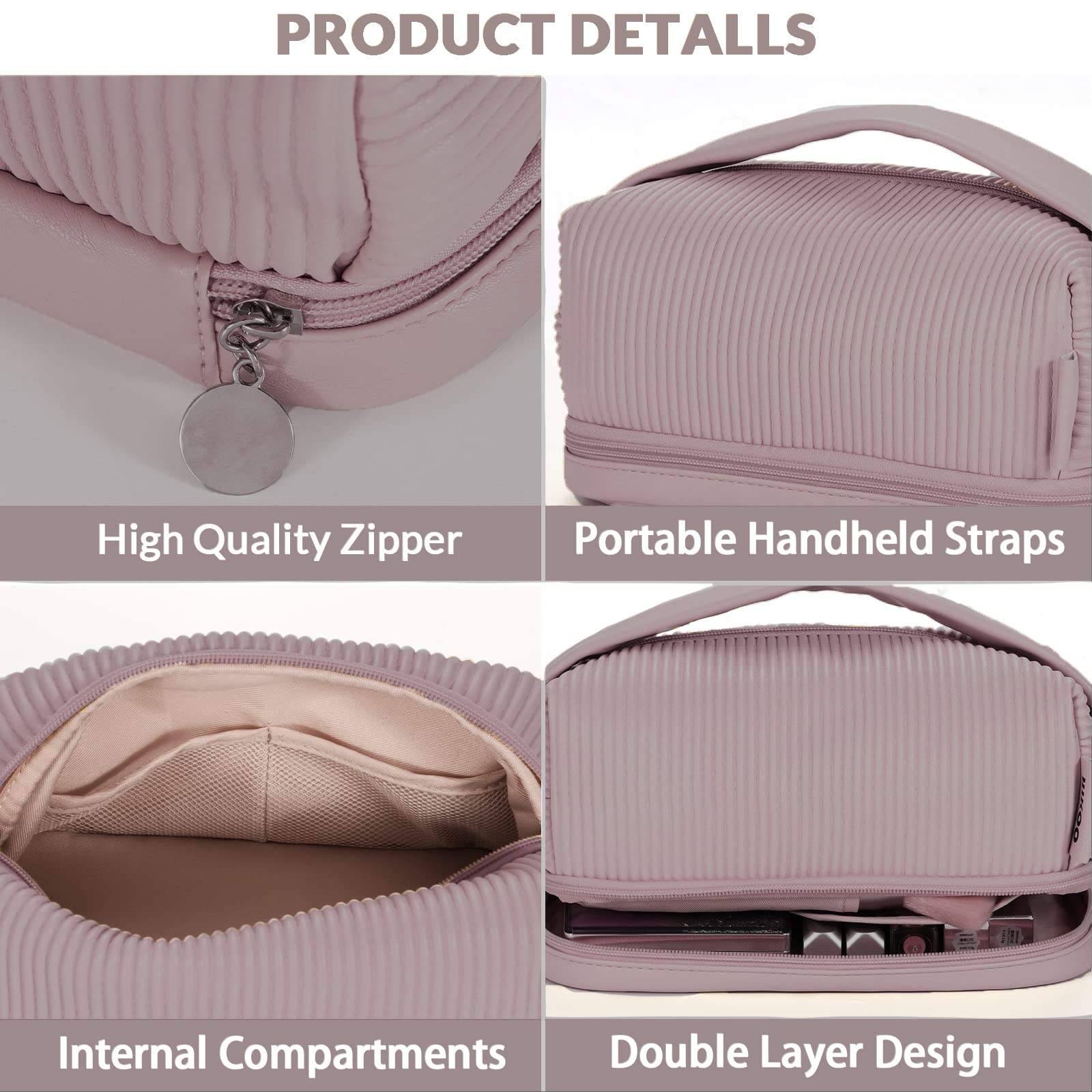 Large Capacity Double Layer Travel Brush Compartment Makeup Bag for Women Makeup for Bathroom Portable Purple Cosmetic Bag