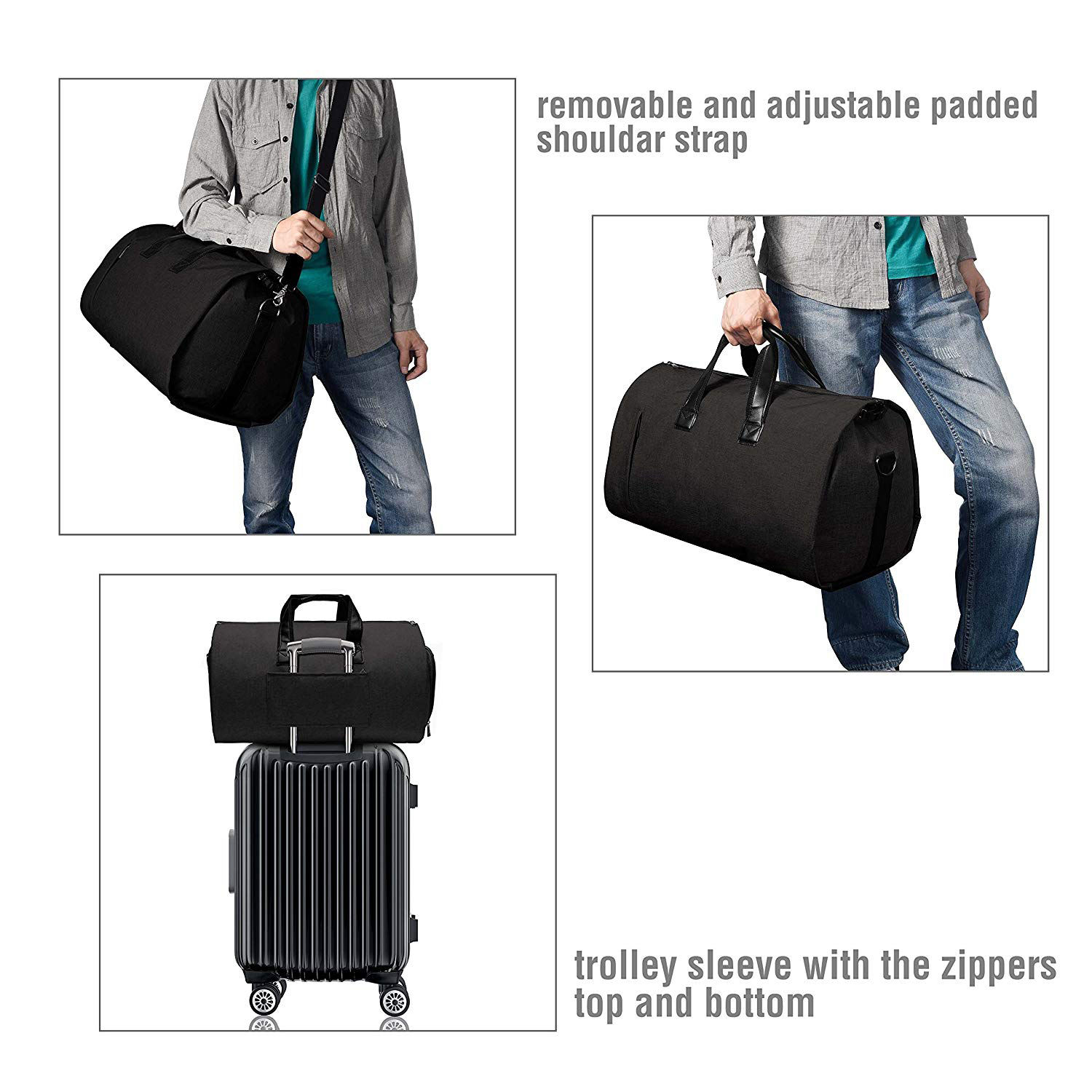 남성용 여행용 수트 더플 의류 가방, 슈즈 컴파트먼트가 있는 위켄더 백 블랙