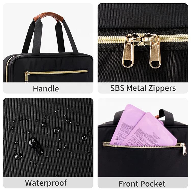 Eco-friendly Wholesale Black Large Capacity Makeup Pouch Bag Foldable Multi Compartment Travel Cosmetic Packing Bag with Hanger