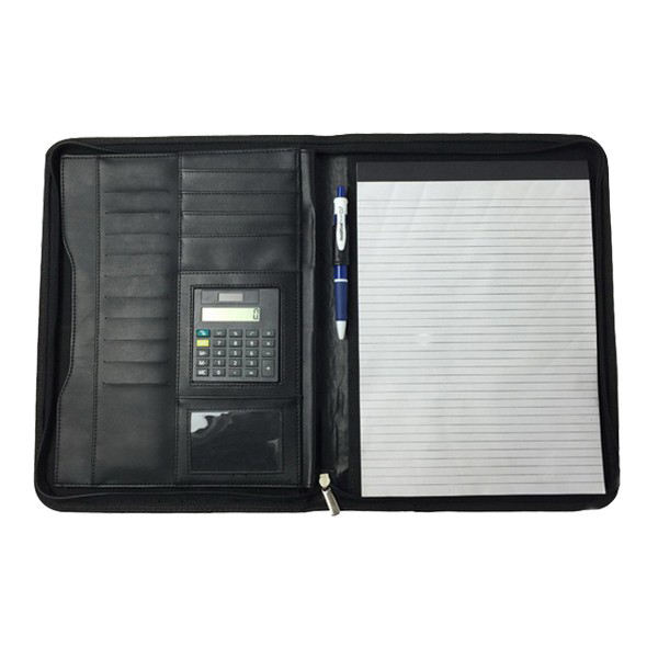 Wholesale black men custom durable leather portfolio padfolio organizer with notepad and calculator