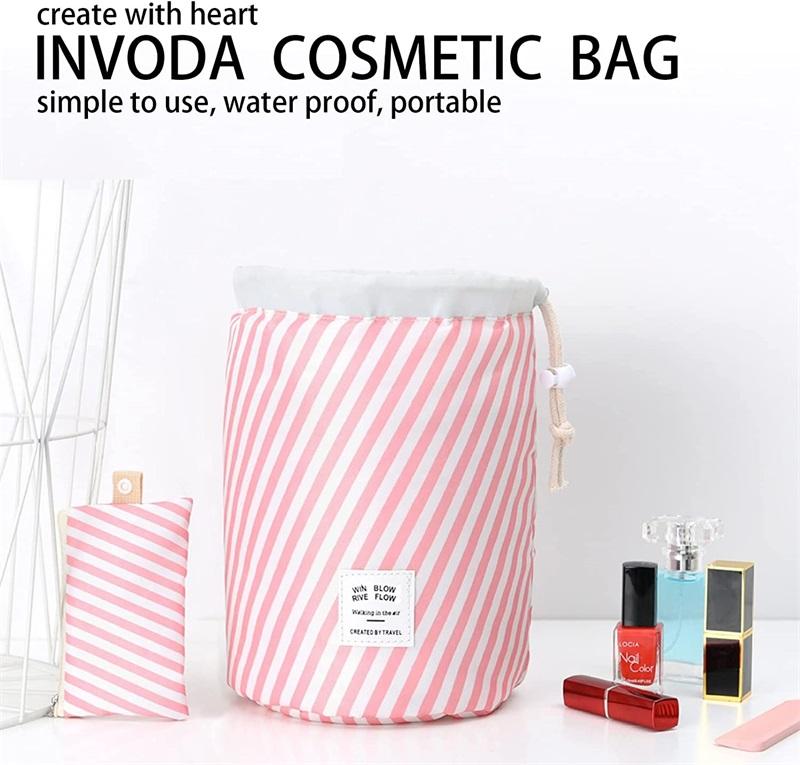 Hot Sale Drawstring Stripe Cosmetic Makeup Brush Bag Barrel Shaped Travel Makeup Organizer Bags for Women