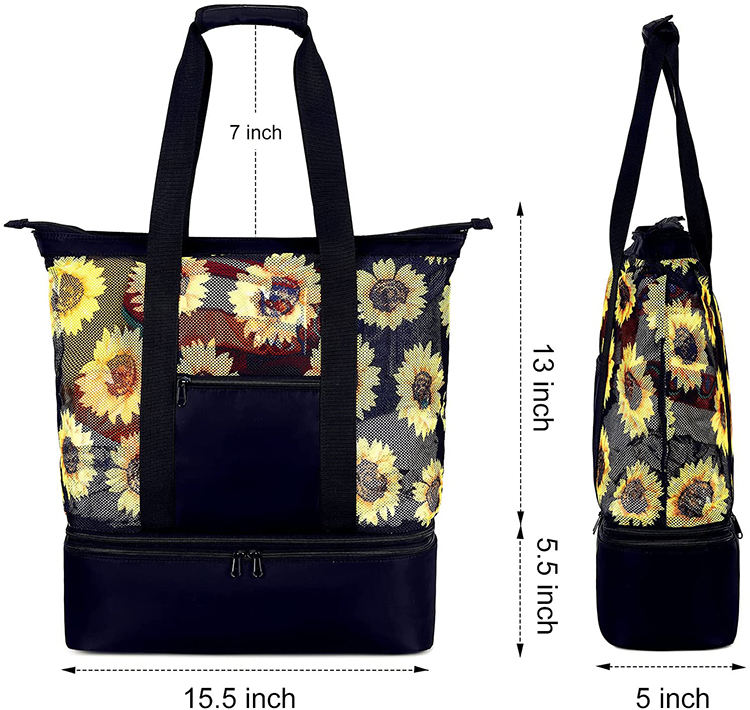 Print Floral Folded Pool Picnic Cooler Bag Beach Handbag for Women Mesh Beach Tote Bag with Insulated Cooler Compartment