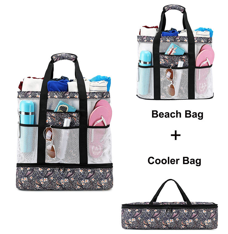 Top handle beach handbag for women nylon net beach towel bag swimming picnic travel high quality beach bag insulated